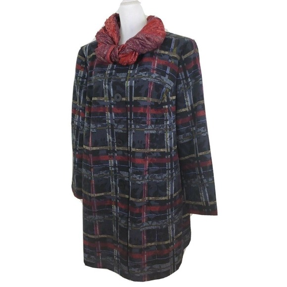 Nine West~ Woman Plus Size 18W~ Black/Red Plaid Trench Coat Long Sleeve Lined. - Picture 7 of 12